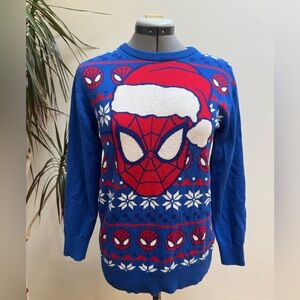 Youth Boys Marvel Spider-Man Santa Hat Holiday Sweater - Blue Fair Isle